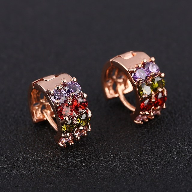 Kolczyki Rose Gold Color Hoop Earrings Flower Colorful Crystal Zirconia Stone Earrings For Women Jewelry Brincos