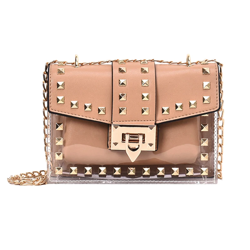 

New Fashion Messenger Bag Chains Shoulder Bag Female Rivets Transparent Square Pu Handbag Khaki