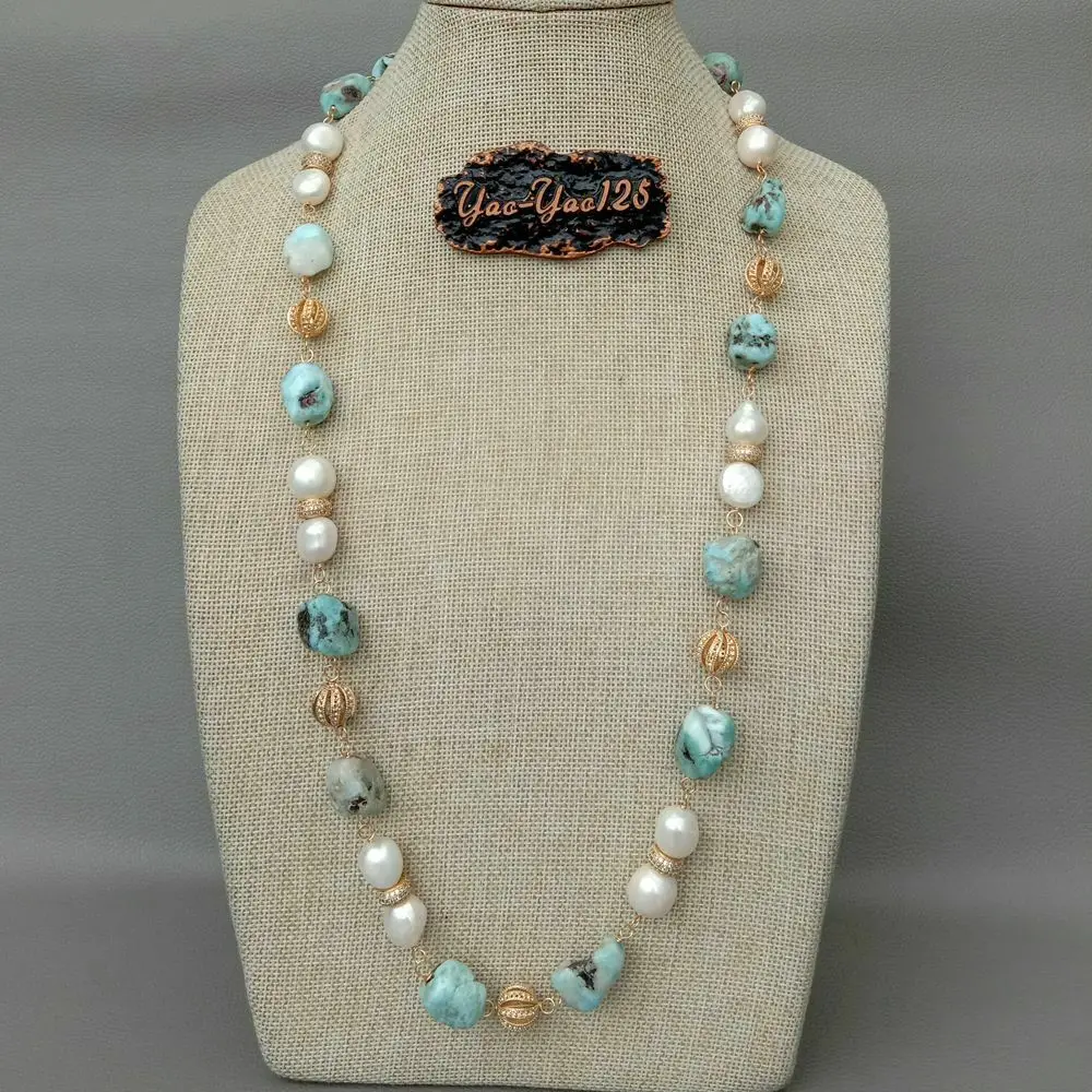 

30'' Natural Blue Larimar Nugget Freshwater White Baroque Pearl Necklace