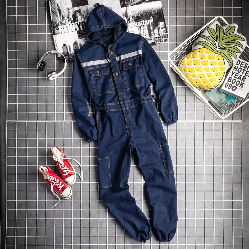 Men Jeans Jumpsuits Bib Overalls Long Sleeve Hooded Multi-Pocket Beam Feet Denim Cargo Pants Fashion Leisure Hip Hop Trousers
