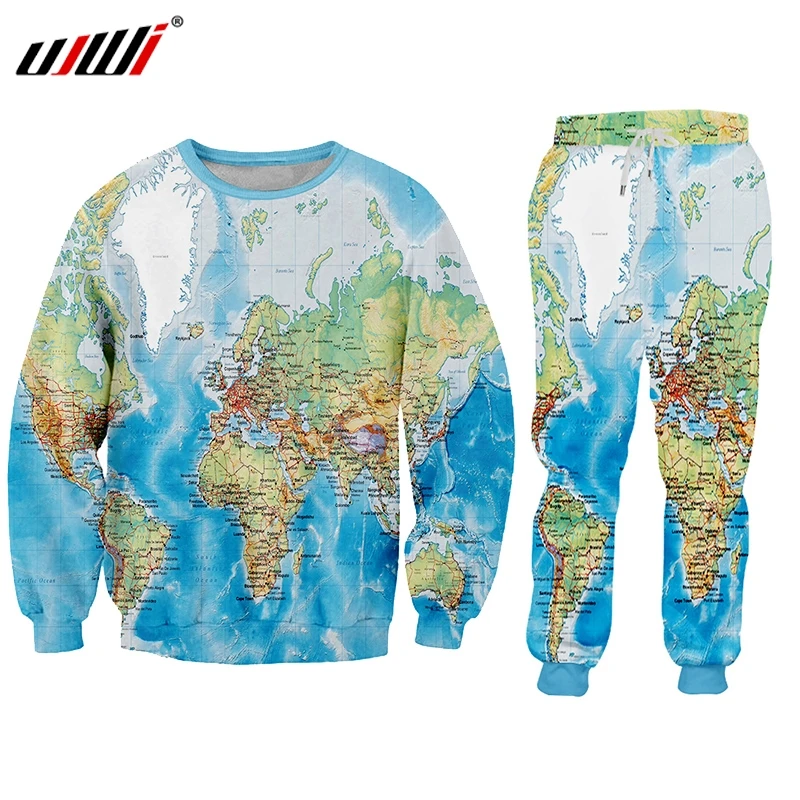 UJWI 2020 Suits Men's Sets 3DPrint  World Map Ocean Funny Harajuku Winter Tracksuit Jacket Sweatsuit Sweatshirt Hoodies Jacket