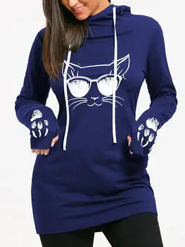 

Wontive Autumn and Winter Fashion Long-sleeved Long Section Printed Hooded Dress Hooded Sweatshirt