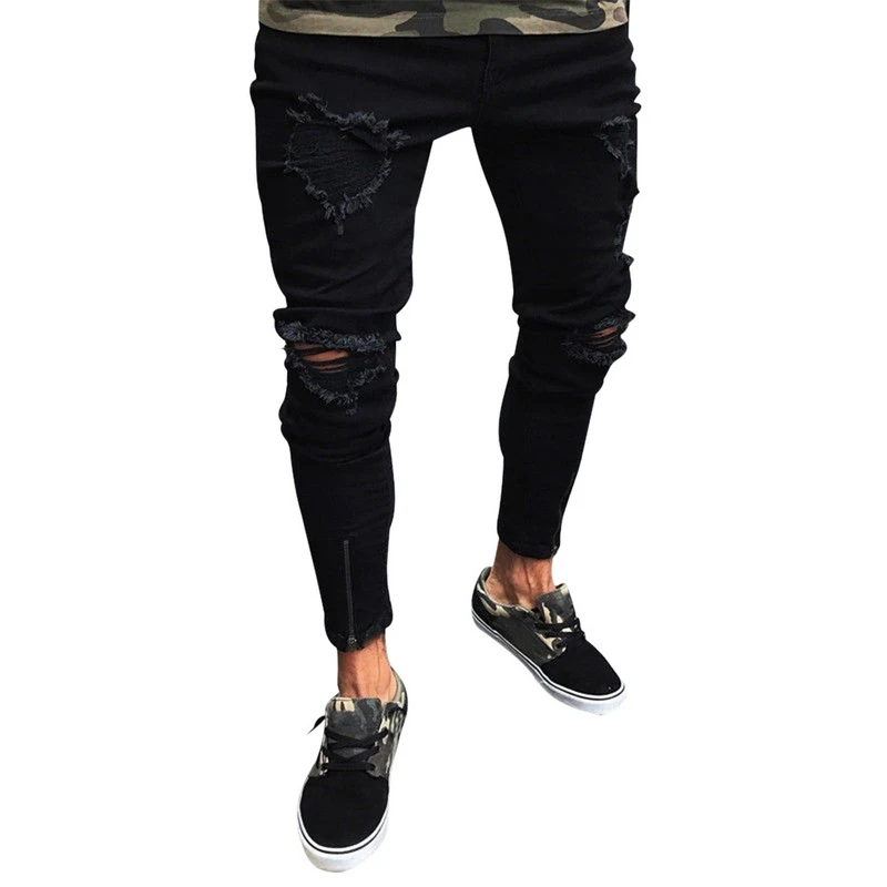 Pantalones rasgados y rasgados para hombre Pantalones vaqueros negros frescos rasgados diseño de marca pantalones vaqueros corte sexy elásticos Hip Hop pantalones lápiz|Pantalones vaqueros| - AliExpress