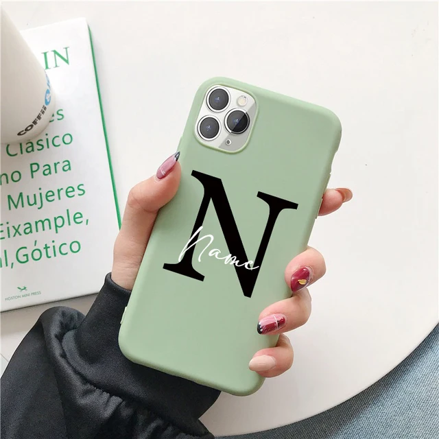 Flowers Diy For iphone 11 12 13 Pro Mini Phone Case Custom Capital Letters Name For X XS Max XR 7 8 Plus SE New Silicone Cover mint diy name Hei