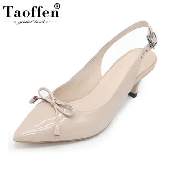 

Taoffen Women Real Leather Bowtie Pumps Party High Heel Shoes Woman Pointed Toe Slip On Buckle Pumps Wedding Footwear Size 35-43