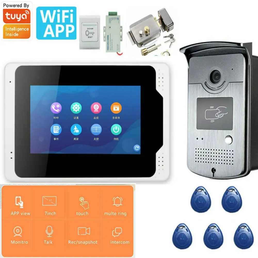 Tuya APP Control Video Intercom 7 Inch LCD Wifi Wireless Video Door Phone Doorbell RFID Speakephone Intercom+Door Opening Lock