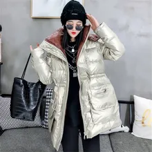 

Winter Glossy Cotton Padded Jacket Female Mid-length Contrast Color Letter Print Drawstring Waist Casual Women's Cotton Outwear