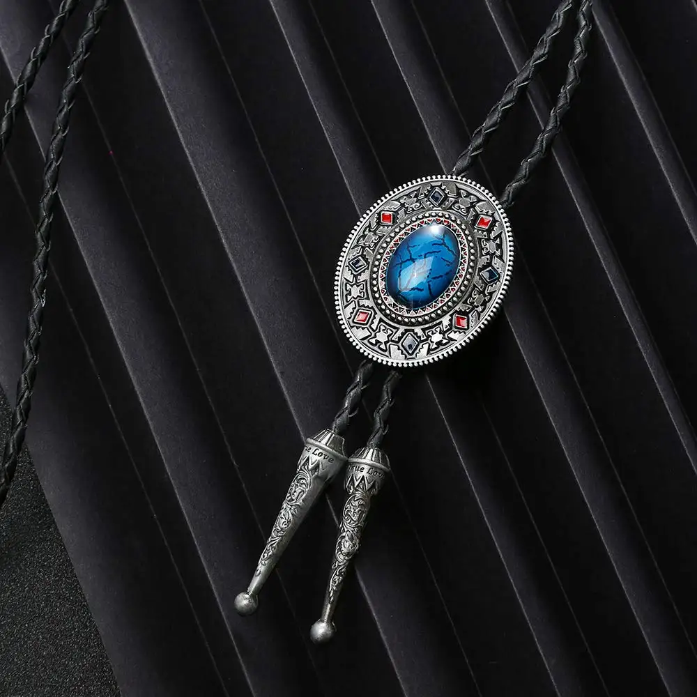 Blue turquoise Bolo tie for woman women Handmade Western Art Indian Alloy Necktie silvr star Pentagram