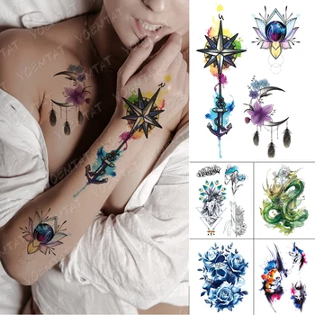 

Waterproof Temporary Tattoo Stickers Gear Anchor Ship Moon Flower Feather Lotus Flash Tattoos Woman Arm Body Art Fake Tatoo Male