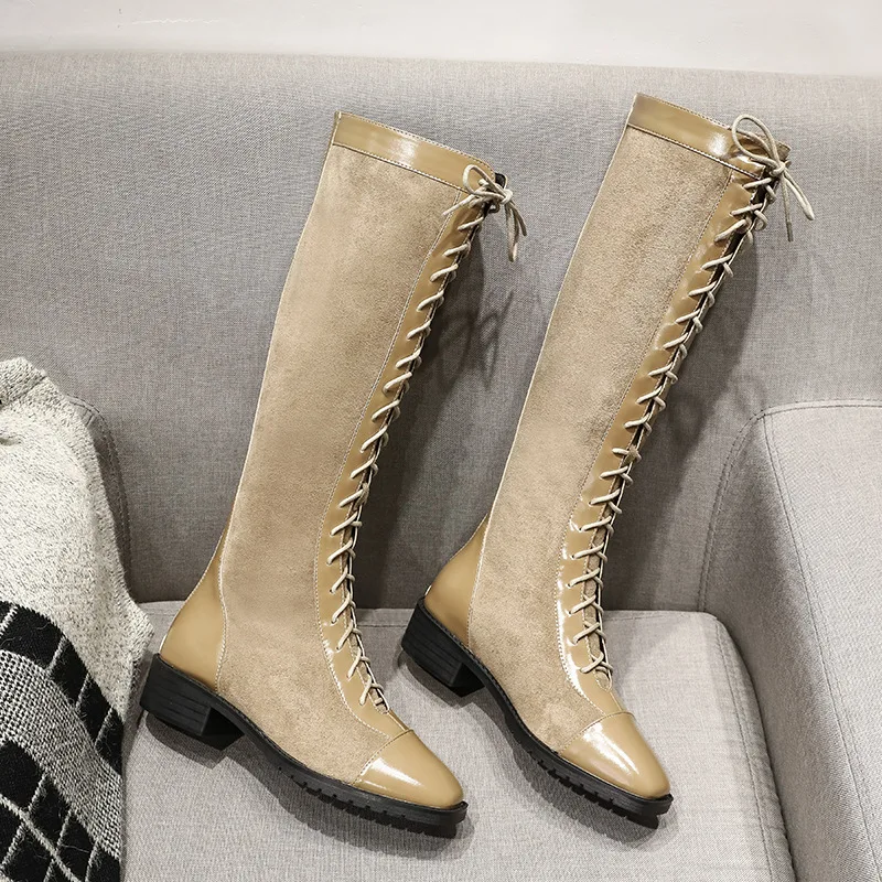 

Chunky Heel Back Zip Women's Winter High Boots Bootee Woman 2019 Lace Up Booties Ladies Shoes Zipper Round Toe Med Shoes