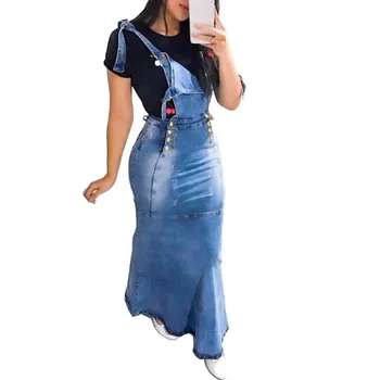 

New 2020 Suspender Skirt Women Overalls No Stretchy Maxi Long Skirt Mermaid Trumpet Empire High Waist Jeans J9D793