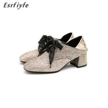 

ESRFIYFE 2020 New Fashion Brand Women Pumps Bling Thick Heels Lace Up Spring Summer Shoes Woman Square Toe Party Shoes Slippers
