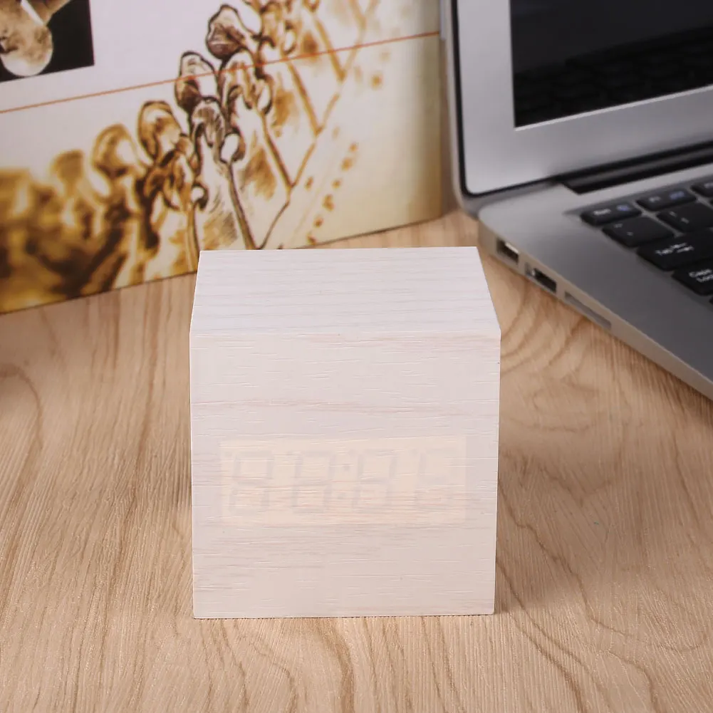Cube Click Clock Gift Alarm-LED Display Wood Sound Activated Home Decor