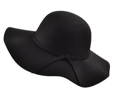 Новая модная женская фетровая шляпа с широкими полями и бантом-котелком Fedora Floppy Sun cap из шерсти - Цвет: Черный