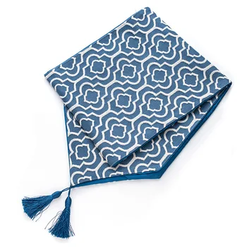 

Cotton Linen Jacquard Geometric Tassel Table Runner Light Green Yellow Navy Blue Table Runner Luxury Home Decor