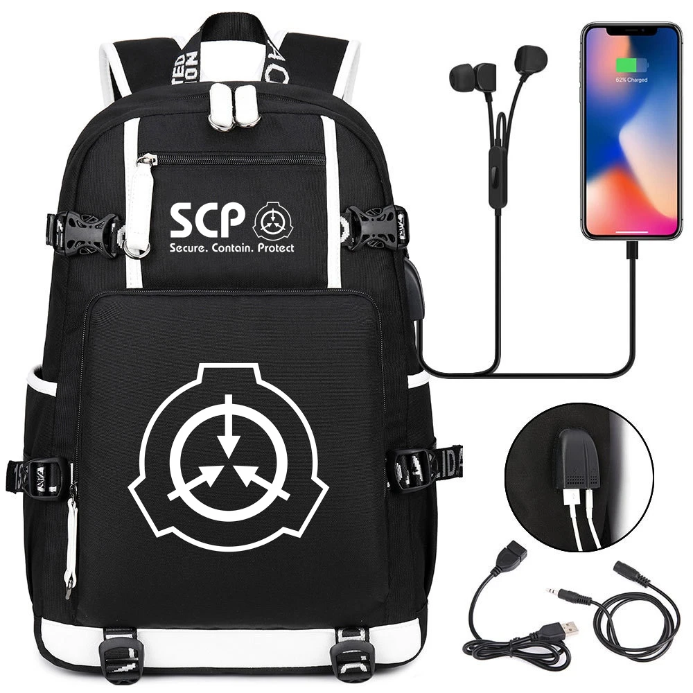 SCP Foundation canvas backapck USB charging travel laptop bags kid's sport bags