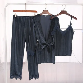 

Sexy Loose Casual Pijamas Set Women 4PCS Pajamas Suit Autumn Velour Long Nightwear Lace Patchwork Softy Negligee Home Clothing