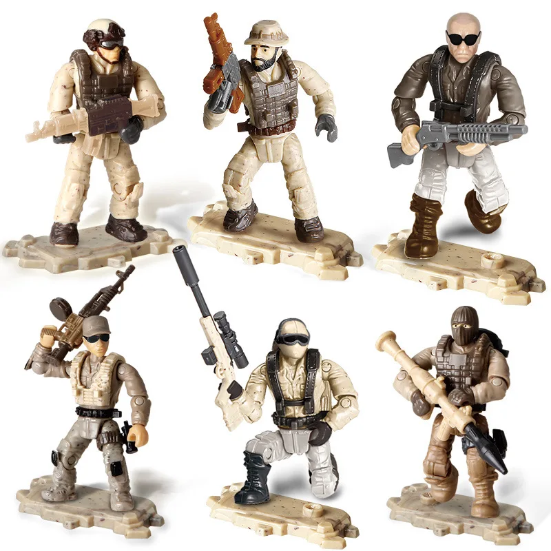 

6Pcs World War 2 WW2 Desert Soldiers Team Weapon Accessories Military SWAT Army Building Blocks Bricks Toys For Children Gift