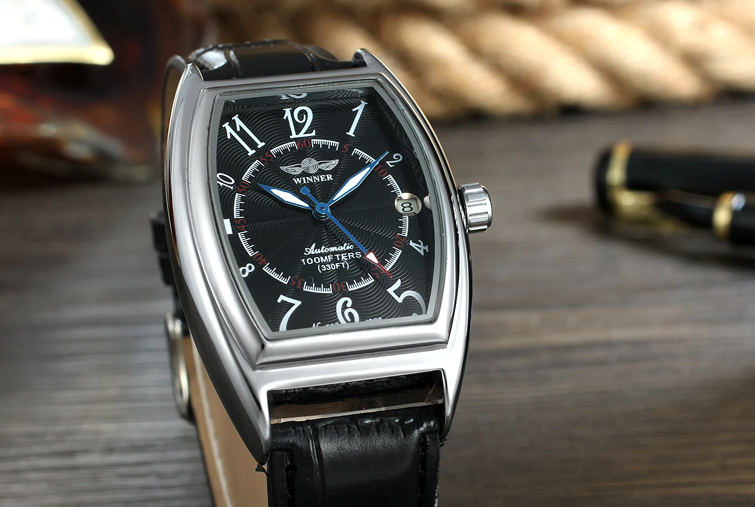T-WINNER Модные Простые повседневные мужские часы прямоугольный черный циферблат серебряный корпус черный кожаный ремешок автоматические механические часы