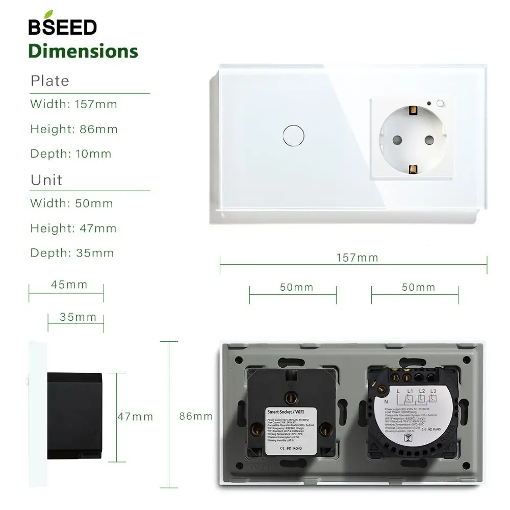 BSEED Smart Wifi сенсорный выключатель стандарт ЕС розетка с черно-белым золотым кристаллом стеклянная панель Переключатель ЕС 1 банда 2 банды 3 банды