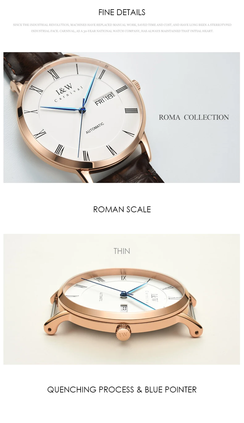 Carnival I&W Thin Automatic Watch Men Leather Strap Mechanical Watches Top Brand Luxury Roma Number Clock relogio masculino