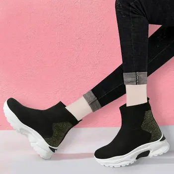 melhor Mulheres De Pouco Peso Nova Moda Ankle Boots Tricô Apartamentos Plataforma Tênis Famale Deslizamento Em Lazer Sapatos Pretos Casuais B64-01