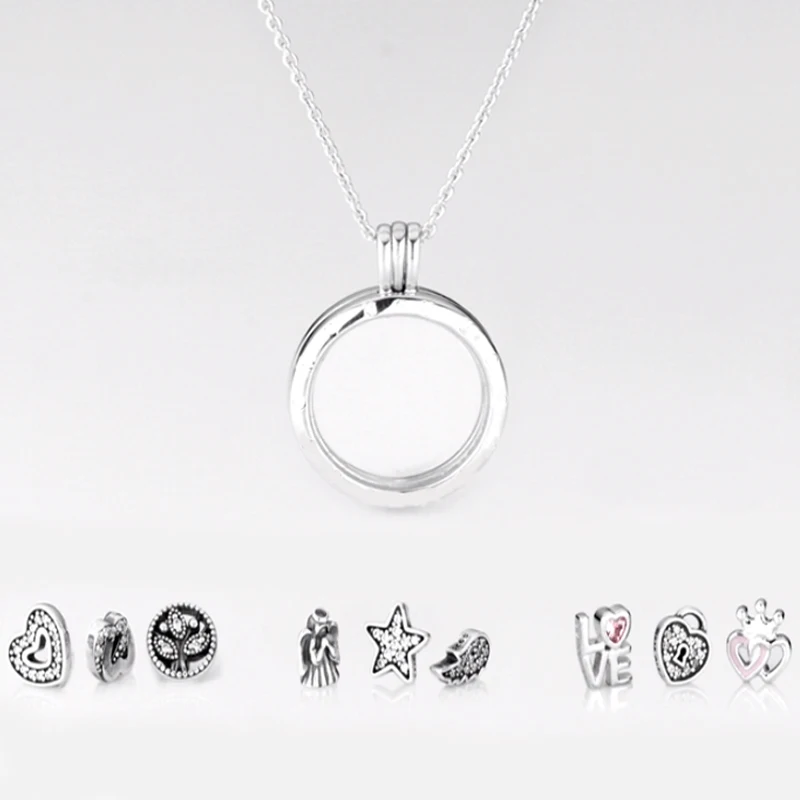 

9 Types Big Size Glass Open Locket Signature Round Pendant Necklaces for Women 925 Sterling Silver Jewelry Long Chain Necklaces
