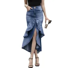 Длинная джинсовая юбка русалки, высокая талия, тонкая посадка, кисточка с градиентом, джинсы, труба, крутой рыбий хвост, Богемские юбки макси