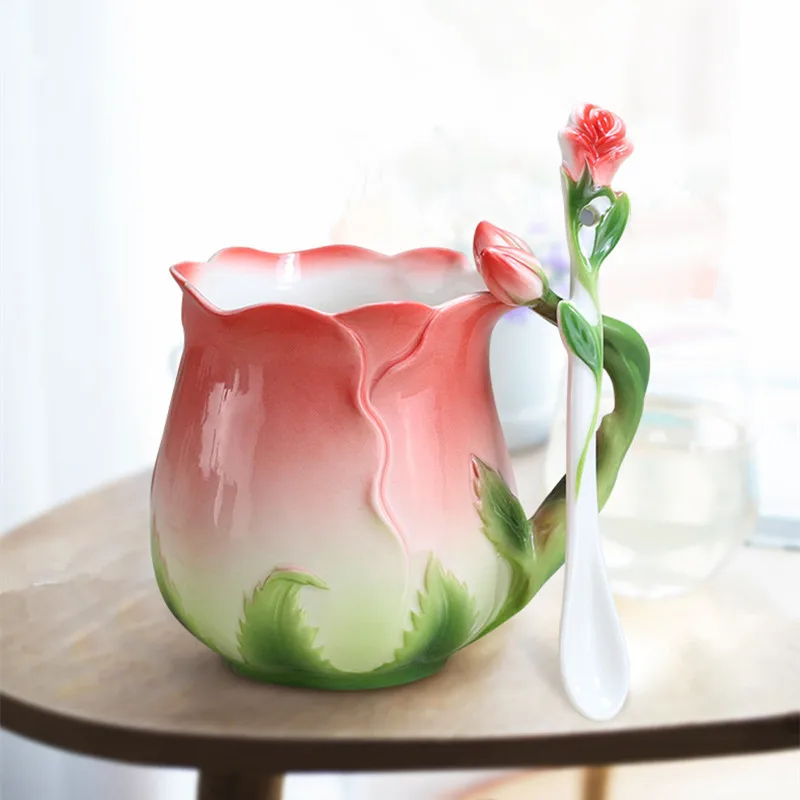 European Style Enamel Ceramic Coffee Mug Creative 3D Rose Flower Shape Teacups Pastoral 4 Colors Breakfast Milk Cups With Spoon | Дом и сад