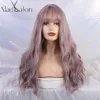 ALAN EATON-pelucas de pelo largo ondulado con flequillo Cosplay de Lolita, pelucas de pelo sintético para fiestas, peluca Lila, púrpura, marrón, cabello Natural Afro para mujeres ► Foto 2/6