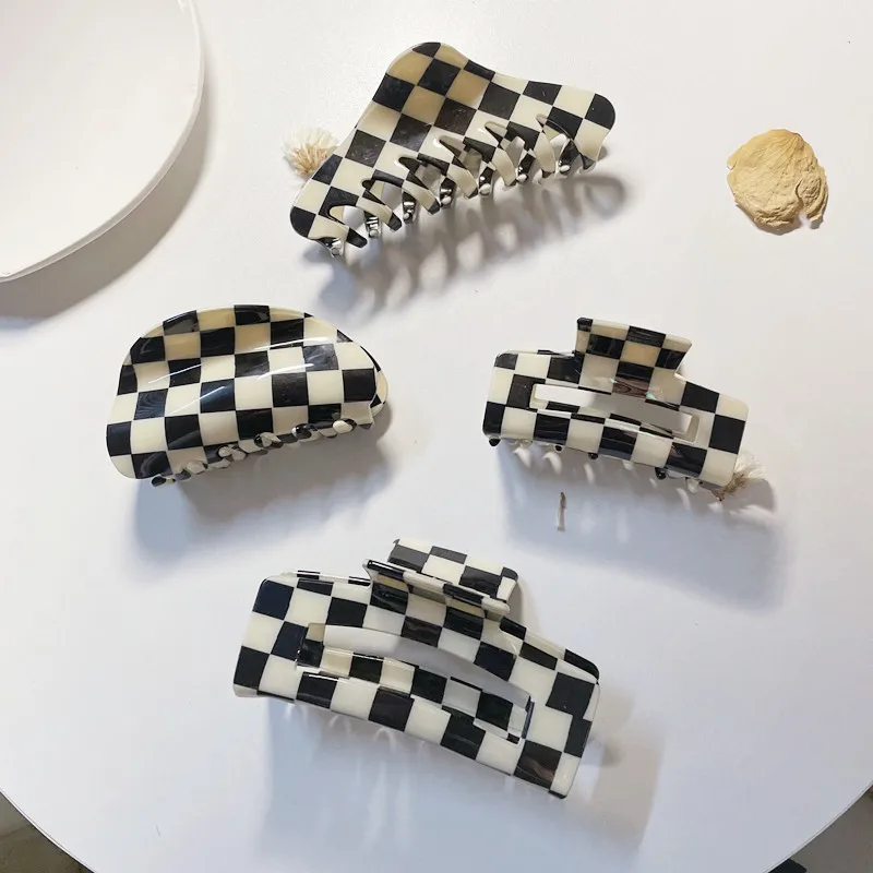 Ins Large Acetate Hair Claw Clips Mosaic Checkered Grid Plaid Clamps Geometric Shark Clip Big Size Grab Ins Women Accessories new acetate hair clips set barrettes colorful checkered mosaic plaid grid geometric korean side pins ins girls women accessories