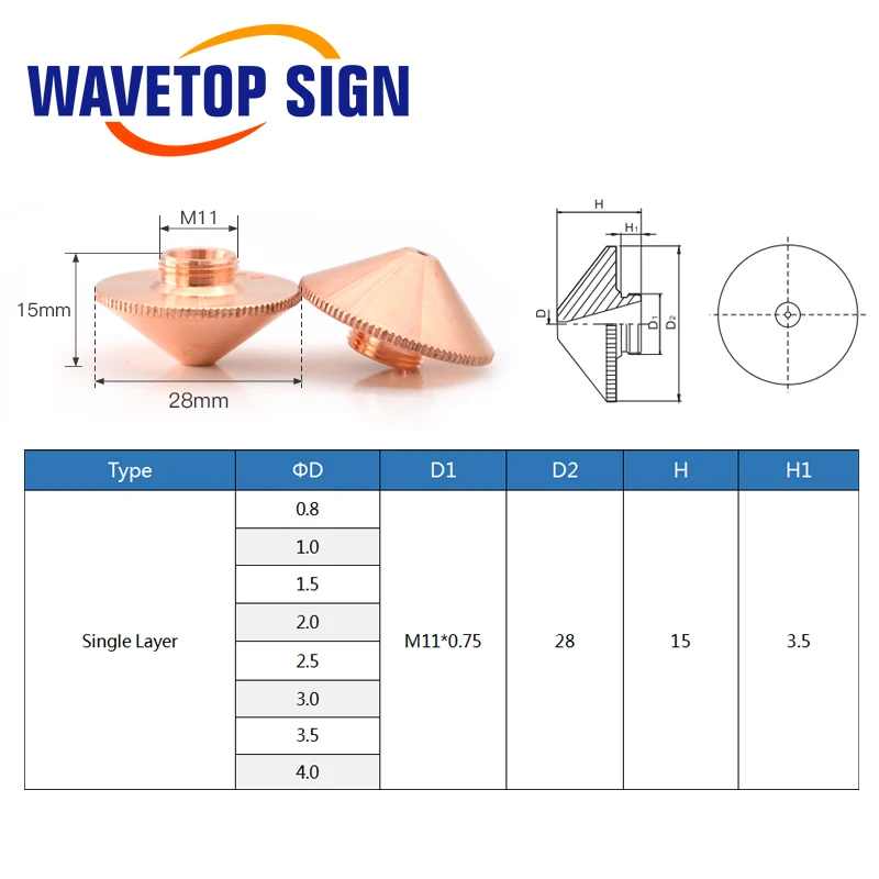 WaveTopSign диа. 28 мм Лазерная насадка один двойной слой Калибр 0,8-5,0 резьба M11 для Precitec WSX волоконная Лазерная режущая головка