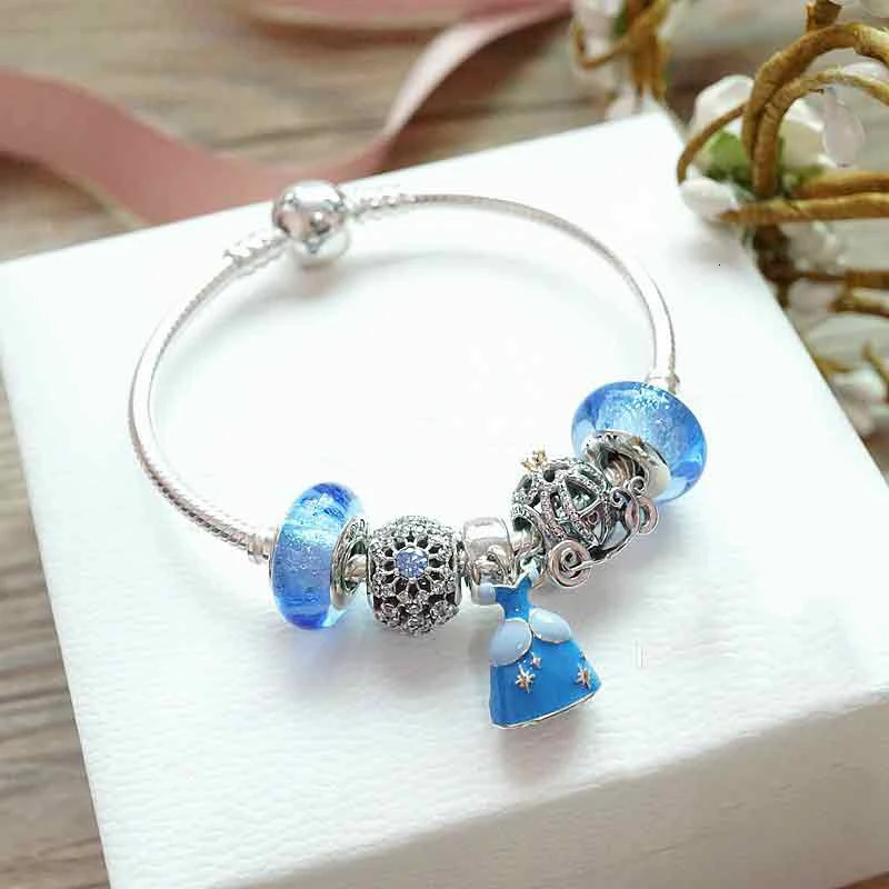 

High Quality 1:1 100% 925 Pure Blue enamel Princess beads dress free charter bracelet