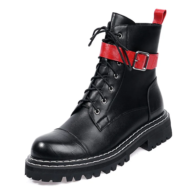 

Fashion Leather Buckle Strap Ankle Boots Mature Cross-Tied Cozy Platform Shoes Round Toe Height Increasing High Heels Botas