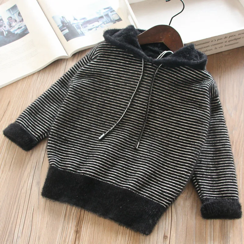 

32009 Faux Mink Cashmere New Style Special Offer 19 Autumn 2-Color Stripes Hooded Kids' Sweater Childrenswear