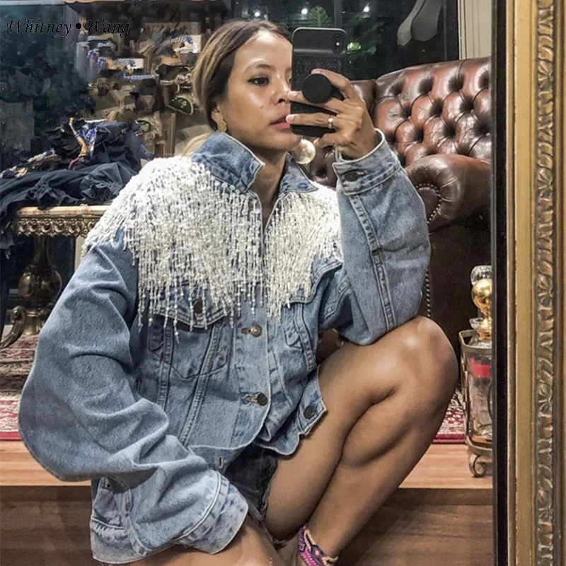 Женская джинсовая куртка WHITNEY WANG модная уличная одежда с жемчужинами и бисером