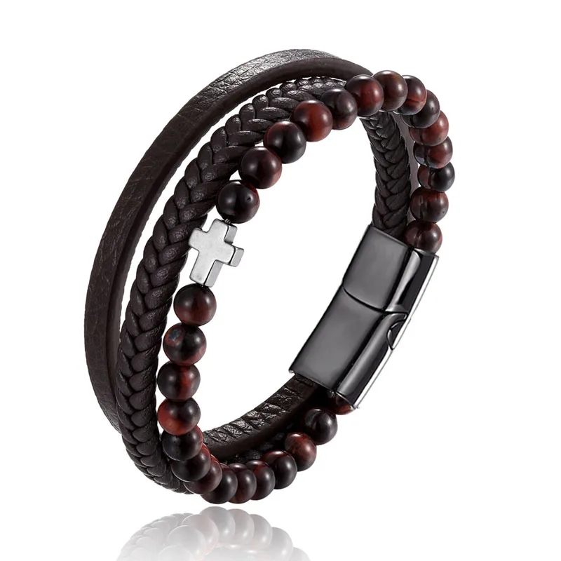 New Arrival Stainless Steel Genuine Leather Bracelet For Men's Charm 6MMNatural Stone Beaded Cross Bracelets Fashion Jewelry - Окраска металла: See figure