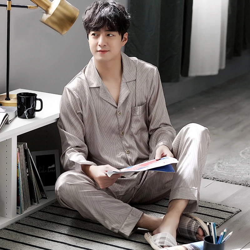 

Solid Satin Men Pajamas Set Summer Long Sleeve Autumn Homewear Silk Men Sleepwear Suit Casual Two-Piece Pyjamas Male L-XXXL