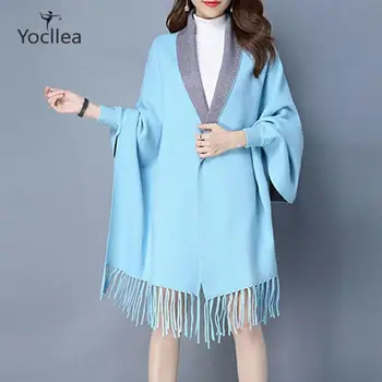 

Autumn Capes Coat Winter Ponchos for Women Chinese style Jacquard knitted Tassel Open stitch Wool Coat female Scarf Tops coats