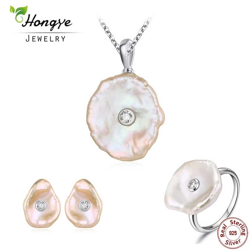 925 Silver Jewelry Sets Women Natural Freshwater Pearl Stud Earrings Flat Baroque Necklace Jewelry Set Wedding Gift