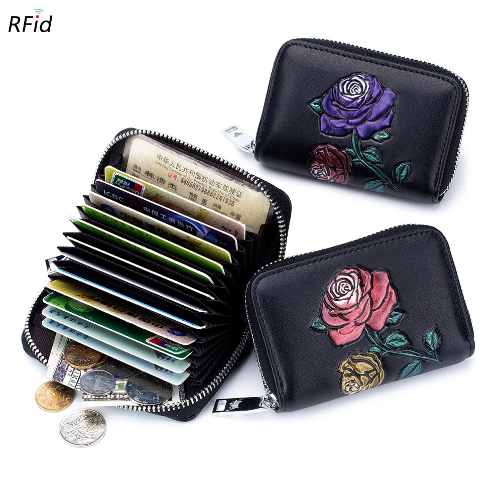 

Coloured Drawing Printed Rose Organ Wallet RFID Anti-RF Scanning Card Bit More Genuine Leather Zipper Mini Purse