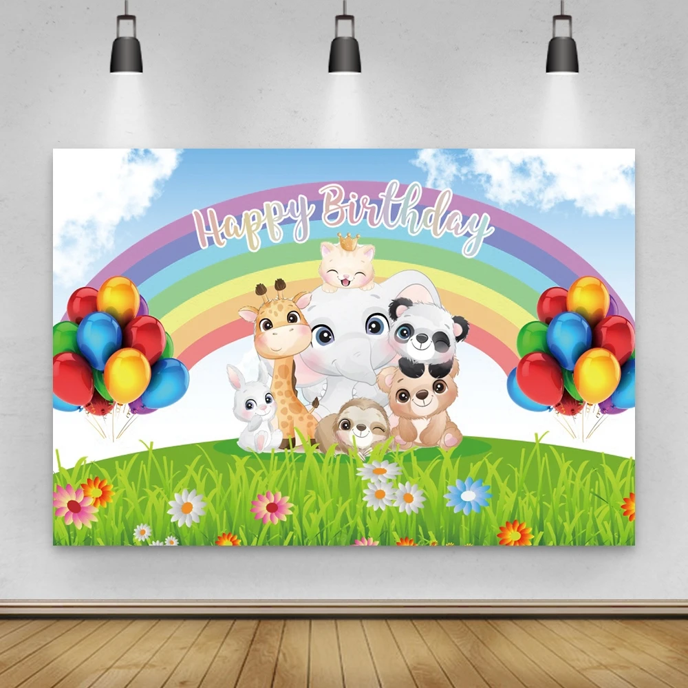 Laeacco Decor De Fete D Anniversaire Safari Animaux Sauvages Arc En Ciel Herbe Verte Arriere Plan Pour Photographie De Bebe Aliexpress
