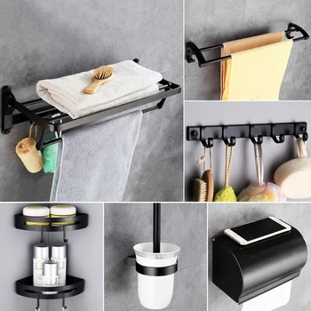 

Free Shipping YUJIE JY500C 304 Non perforated towel rack black space aluminum toilet shelf towel rack bathroom five piece set
