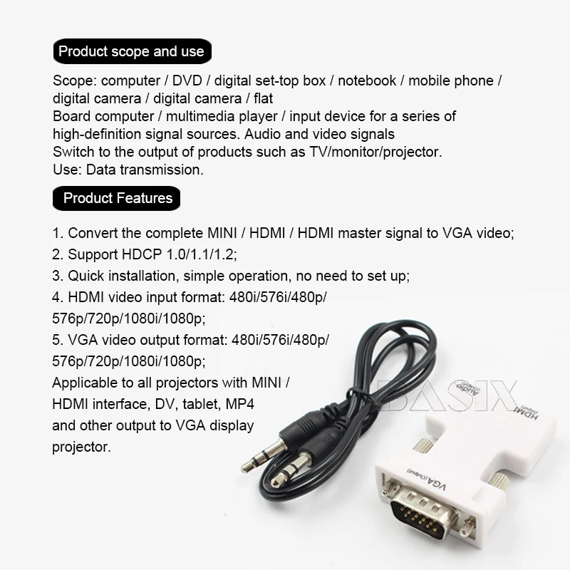 BKSCY адаптер hdmi-vga с аудиоадаптером Поддержка сигнала 1080P для мультимедийный ПК ноутбук ТВ коробка проектор HDMI к Vga