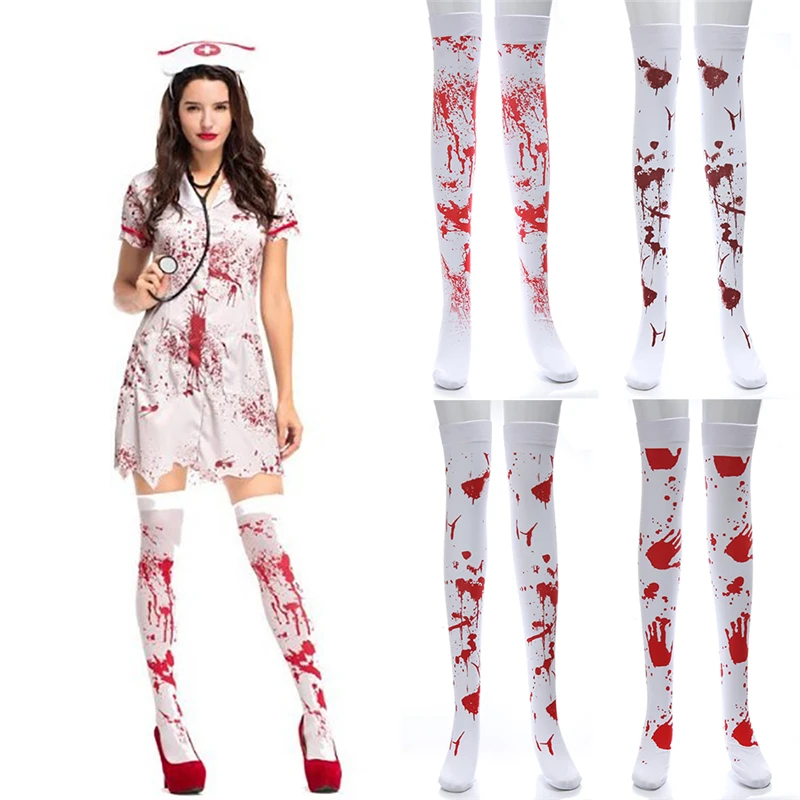 

Halloween Masquerade Long Knee High Socks Women Halloween Bat Skull Spider Web Bloody Nurse Fancy Stockings Cosplay Soft D35
