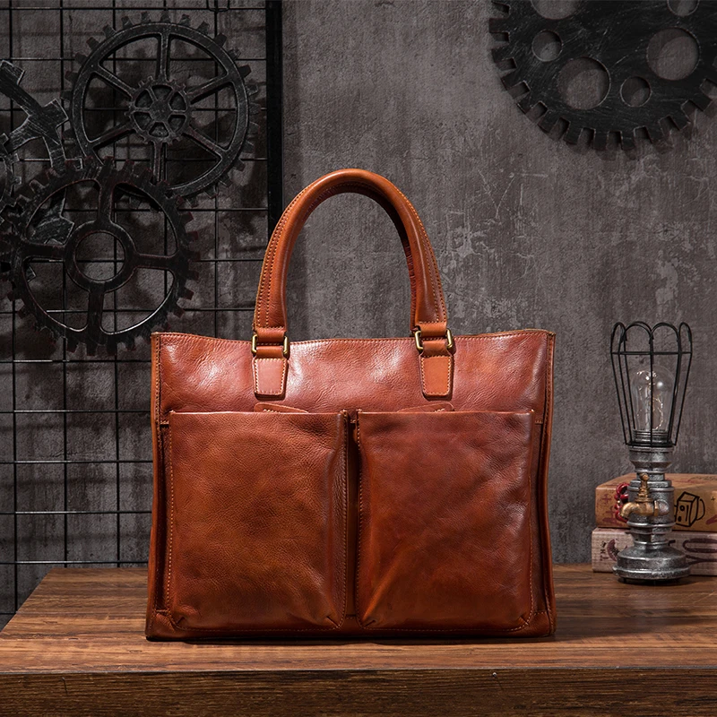 

Vegetable Tanned Leather Briefcase Men Handbag Retro Casual Men's Laptop Bag Leather Men's Business Portable Briefcase Original