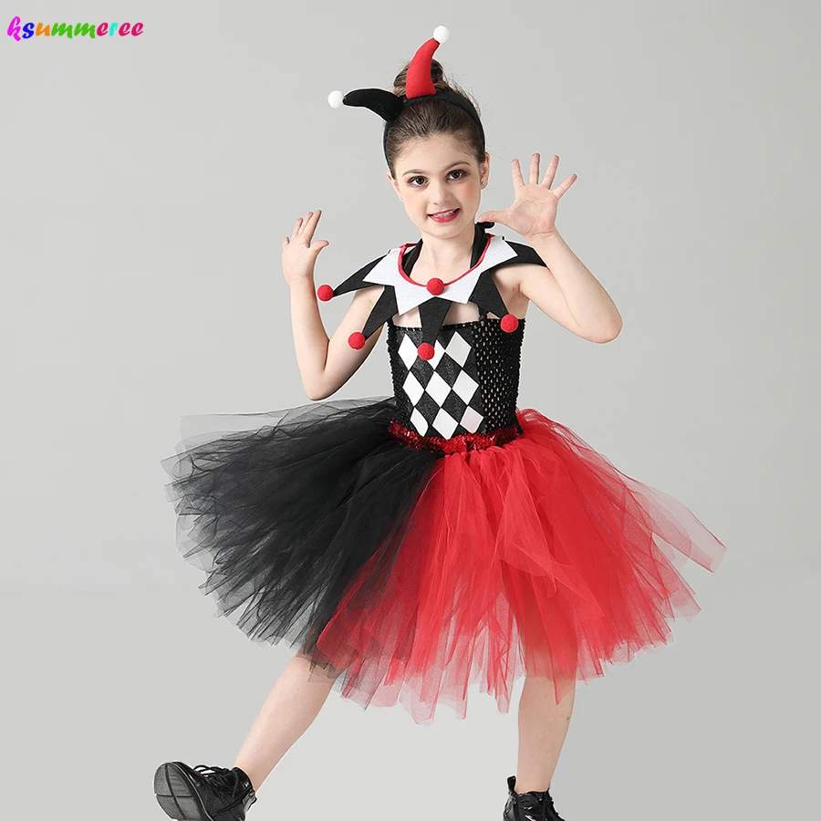 Costume giullare vestito rosso e nero bambina ragazza pericolosa cattiva -  Karabu srls