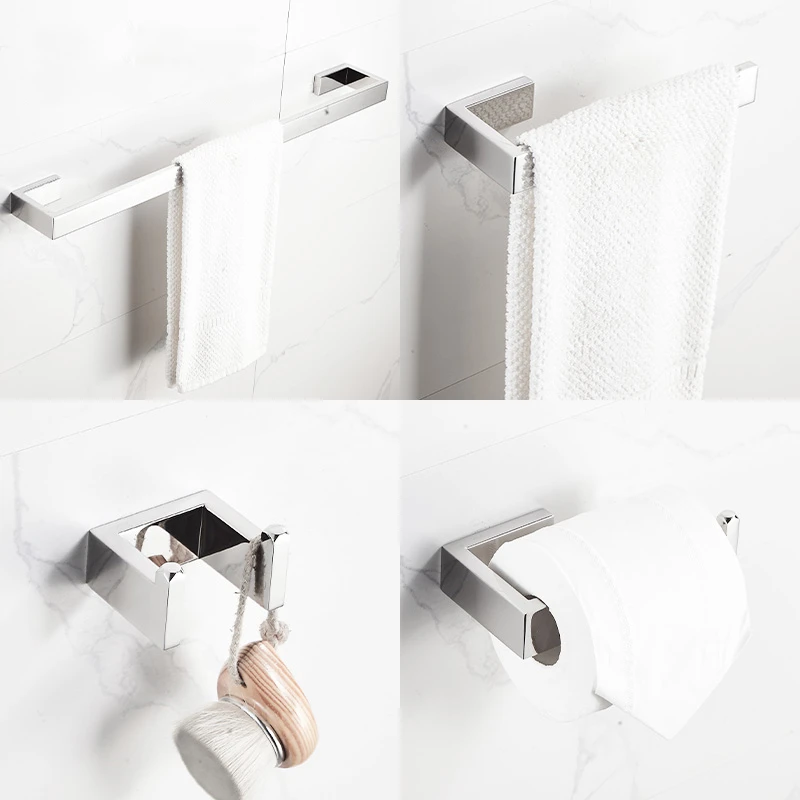 

Modern Bathroom Accessories set 4-Piece Stainless Steel Wall Mounted Chrome Towel Bar Paper Holder Robe Hook Ring
