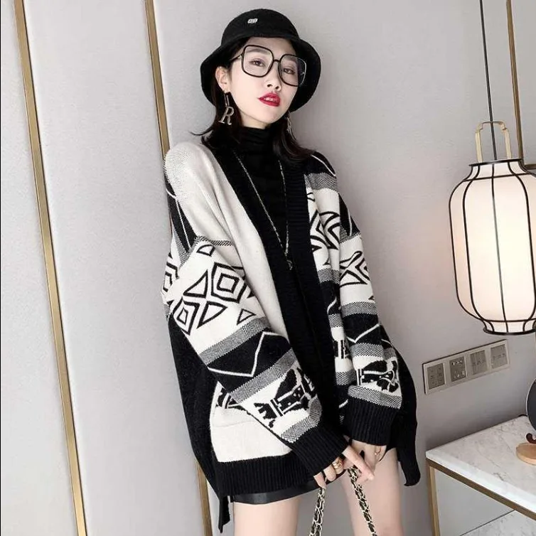 

2020 Spring and Autumn New Style ou huo WOMEN'S Dress Wool Knitted Coat Female Mid-length Western Style Cardigan Joint Sweater C