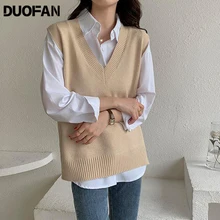 

DUOFAN Women V-neck Sweater Vest Loose Simple Sleeveless Pullovers Knitted Spring Autumn Outwear All-match Leisure Chic